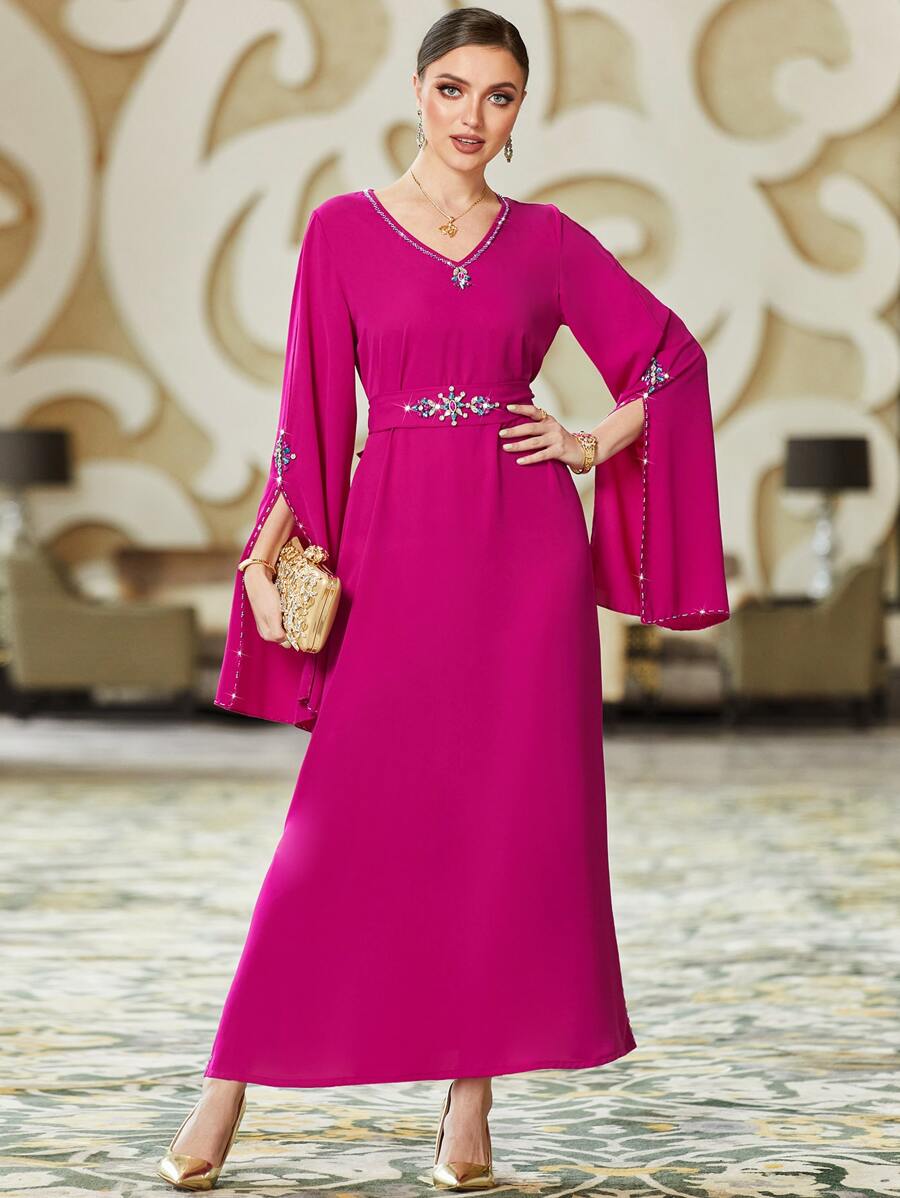 Al Najma Rhinestone Detail Split Sleeve Kaftan, Modest Long Sleeve Arabian Dress - Red Violet - View 1