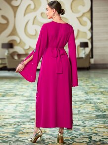 Al Najma Rhinestone Detail Split Sleeve Kaftan, Modest Long Sleeve Arabian Dress - Red Violet - View 2