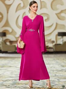 Al Najma Rhinestone Detail Split Sleeve Kaftan, Modest Long Sleeve Arabian Dress - Red Violet - View 3