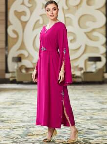 Al Najma Rhinestone Detail Split Sleeve Kaftan, Modest Long Sleeve Arabian Dress - Red Violet - View 4