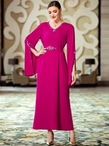 Al Najma Rhinestone Detail Split Sleeve Kaftan, Modest Long Sleeve Arabian Dress - Red Violet - View 7