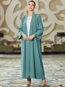 Al Najma 亮片拼接開門襟阿拉伯罩袍 - 青碧色 - 查看 5