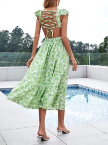 SHEIN VCAY Vestido con estampado floral de espalda con cordón de manga mariposa bajo con fruncido - Verde - Ver 1
