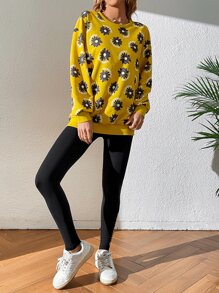 SHEIN LUNE Floral Print Drop Shoulder Hoodie & Leggings - Multicolor - View 3