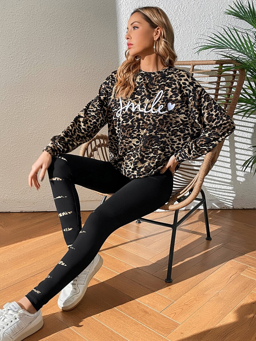 SHEIN LUNE Letter & Leopard Print Drop Shoulder Sweatshirt & Leggings - Multicolor - View 1