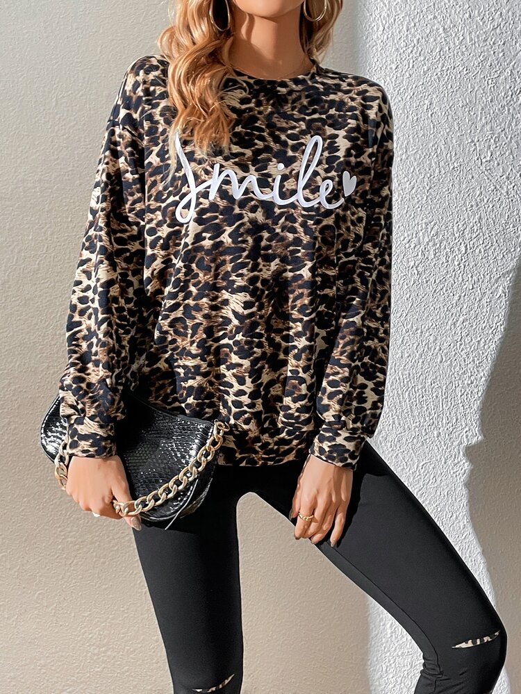 SHEIN LUNE Letter & Leopard Print Drop Shoulder Sweatshirt & Leggings - Multicolor - View 6