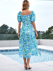 SHEIN VCAY Floral Print Puff Sleeve Split Thigh Dress - White - View 2