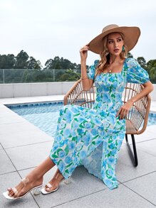 SHEIN VCAY Floral Print Puff Sleeve Split Thigh Dress - White - View 3