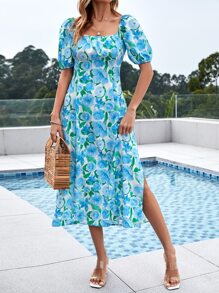 SHEIN VCAY Floral Print Puff Sleeve Split Thigh Dress - White - View 4