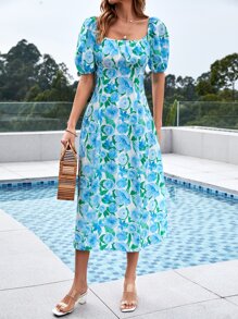 SHEIN VCAY Floral Print Puff Sleeve Split Thigh Dress - White - View 5