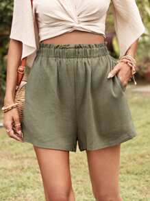 SHEIN LUNE Solid Elastic Waist Slant Pocket Shorts - Army Green - View 1