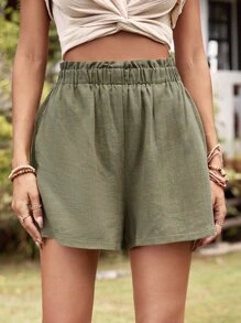 SHEIN LUNE Solid Elastic Waist Slant Pocket Shorts - Army Green - View 3
