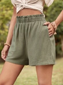 SHEIN LUNE Solid Elastic Waist Slant Pocket Shorts - Army Green - View 5