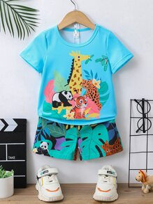 SHEIN 小男童卡通圖案T恤和短褲 - 彩色 - 查看 1