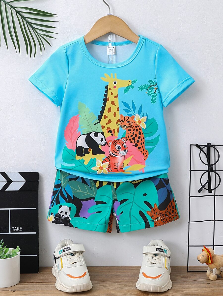 SHEIN 小男童卡通圖案T恤和短褲 - 彩色 - 查看 1