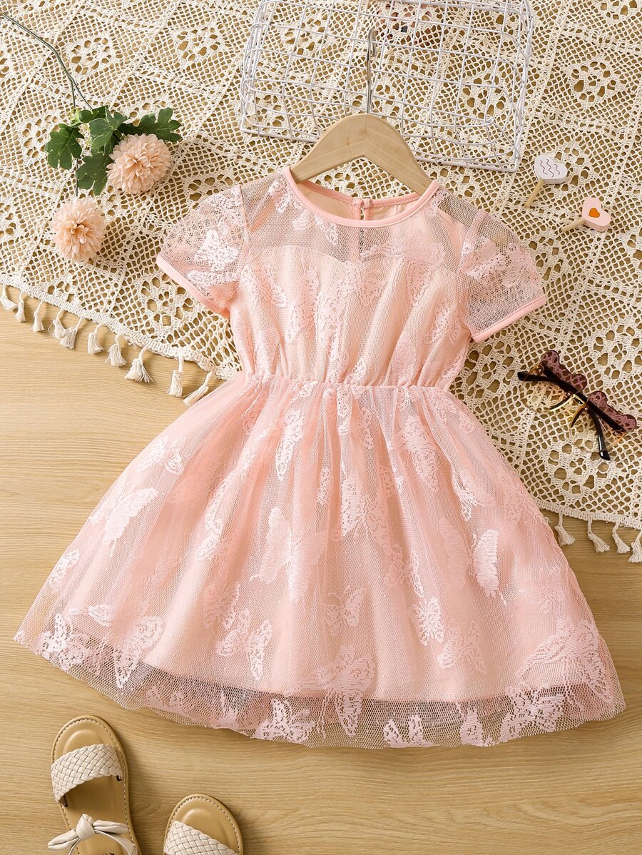 Toddler Girls Butterfly Mesh Overlay Puff Sleeve Dress - Baby Pink - View 1