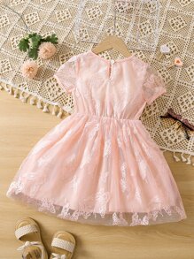 Toddler Girls Butterfly Mesh Overlay Puff Sleeve Dress - Baby Pink - View 2
