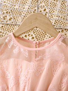 Toddler Girls Butterfly Mesh Overlay Puff Sleeve Dress - Baby Pink - View 3