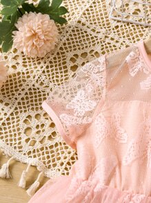Toddler Girls Butterfly Mesh Overlay Puff Sleeve Dress - Baby Pink - View 4