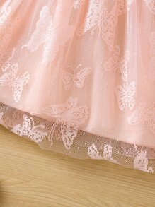 Toddler Girls Butterfly Mesh Overlay Puff Sleeve Dress - Baby Pink - View 5