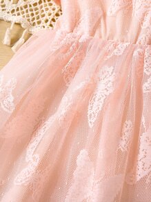Toddler Girls Butterfly Mesh Overlay Puff Sleeve Dress - Baby Pink - View 6