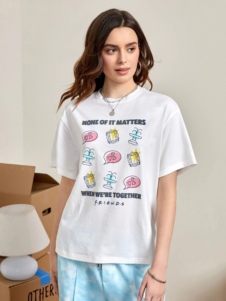 FRIENDS X SHEIN Cartoon & Slogan Graphic Drop Shoulder Tee - White - View 1