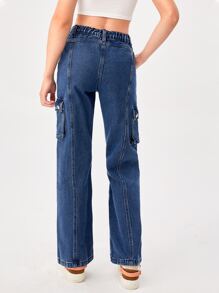 SHEIN Teen Girls Ripped Flap Pocket Cargo Jeans - Dark Wash - View 2