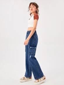 SHEIN Teen Girls Ripped Flap Pocket Cargo Jeans - Dark Wash - View 3