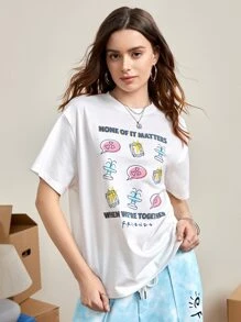 FRIENDS X SHEIN Cartoon & Slogan Graphic Drop Shoulder Tee - White - View 4