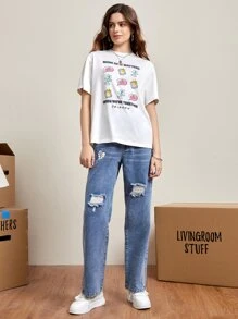 FRIENDS X SHEIN Cartoon & Slogan Graphic Drop Shoulder Tee - White - View 6