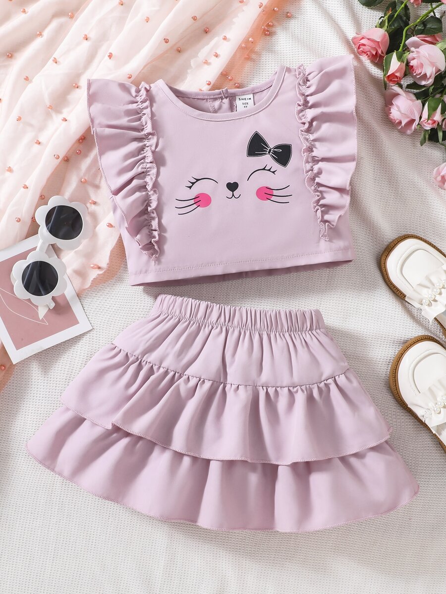 小女童卡通圖案荷葉邊上衣和裙子 - 粉色 - 查看 1
