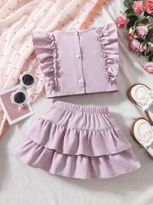 小女童卡通圖案荷葉邊上衣和裙子 - 粉色 - 查看 2