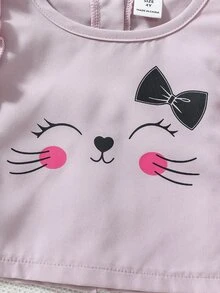 小女童卡通圖案荷葉邊上衣和裙子 - 粉色 - 查看 4