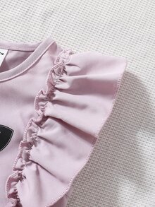 小女童卡通圖案荷葉邊上衣和裙子 - 粉色 - 查看 5