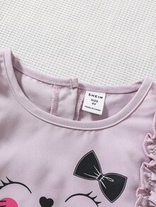 小女童卡通圖案荷葉邊上衣和裙子 - 粉色 - 查看 6