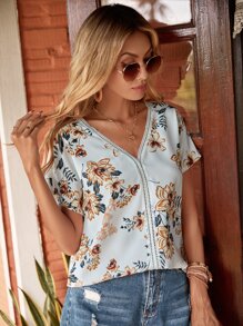 SHEIN VCAY Floral Print Lace Insert Blouse - White - View 3