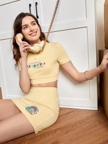 FRIENDS X SHEIN Letter Graphic Polo Neck Crop Tee & Bodycon Skirt