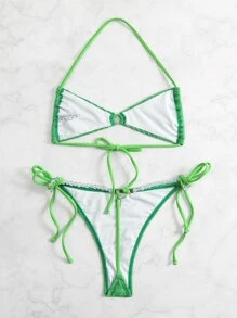 Ring Linked Tie Side Summer Beach Bikini Set - Green - View 7
