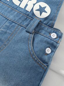 Baby Boy Slogan Graphic Denim Dungaree - Medium Wash - View 4