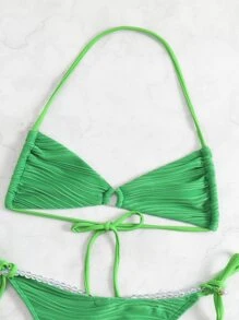 Ring Linked Tie Side Summer Beach Bikini Set - Green - View 8