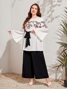 Mulvari Bộ thời trang Plus Size Thắt lưng Hoa Giải trí - Đen và trắng - Xem 3