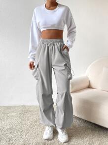 SHEIN EZwear 腰部抽繩翻蓋口袋降落傘褲