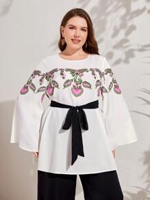 Mulvari Bộ thời trang Plus Size Thắt lưng Hoa Giải trí - Đen và trắng - Xem 5