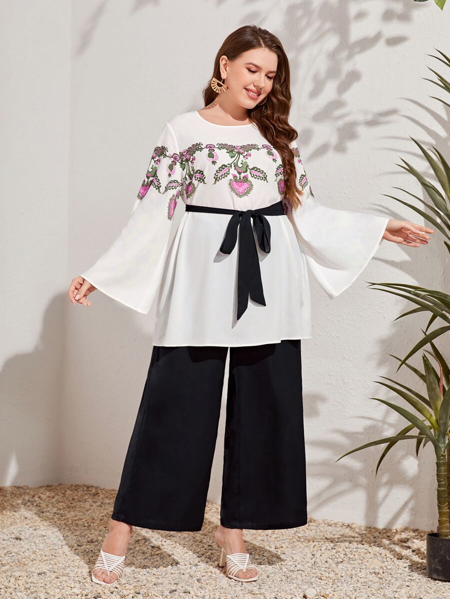 Mulvari Bộ thời trang Plus Size Thắt lưng Hoa Giải trí - Đen và trắng - Xem 1