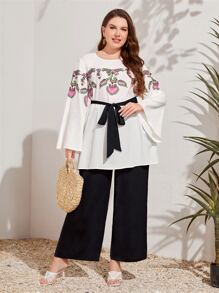 Mulvari Bộ thời trang Plus Size Thắt lưng Hoa Giải trí - Đen và trắng - Xem 2