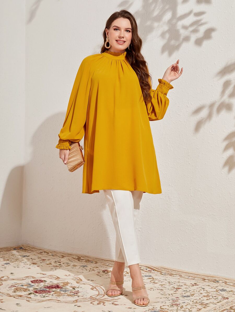 Mulvari Plus Frill Mock Neck Lantern Sleeve Blouse - Yellow - View 1
