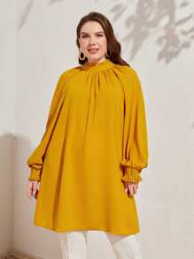 Mulvari Plus Frill Mock Neck Lantern Sleeve Blouse - Yellow - View 4