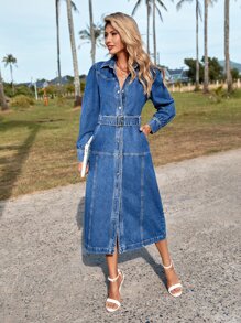 SHEIN Essnce Puff Sleeve Slit Hem Belted Denim Dress - Medium Wash - View 5