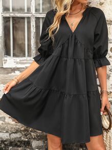 SHEIN VCAY Flounce Sleeve Layered Hem Smock Dress - Black - View 1