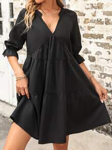 SHEIN VCAY Flounce Sleeve Layered Hem Smock Dress - Black - View 4